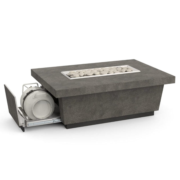 American Fyre Designs Contempo fireplace with propane drawer, modern ceramic glass front and sleek black frame.