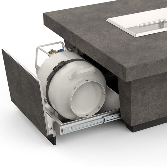 American Fyre Designs Contempo fireplace with propane drawer, modern ceramic glass front and sleek black frame.