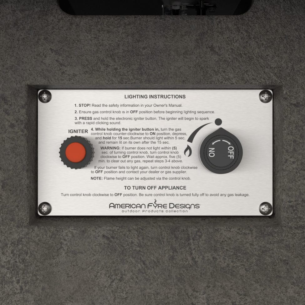 American Fyre Designs Contempo fireplace with propane drawer, modern design, glass front, and stainless trim.