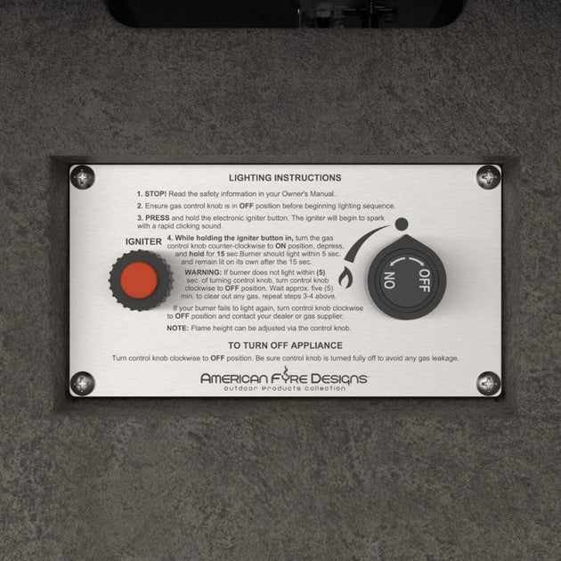 American Fyre Designs Contempo fireplace with propane drawer, modern design, glass front, and stainless trim.