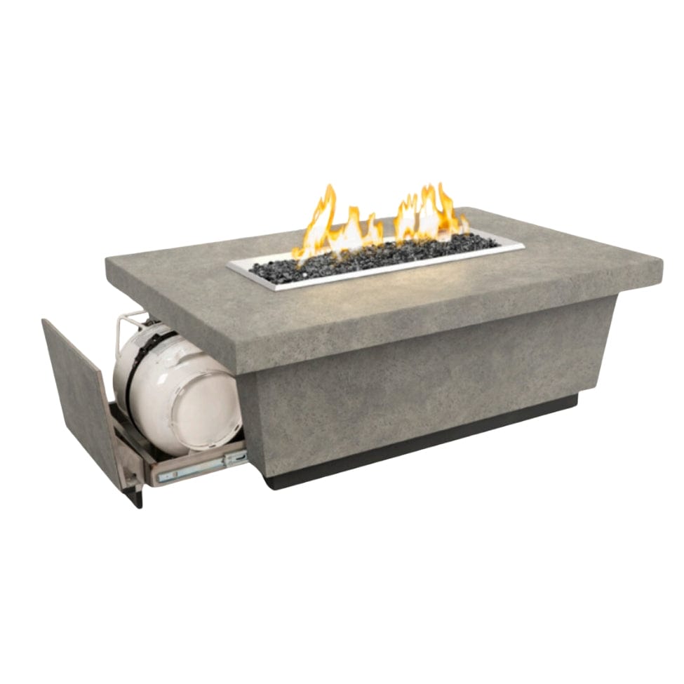 American Fyre Designs Contempo fireplace with propane drawer, modern design, glass front, and stone surround.
