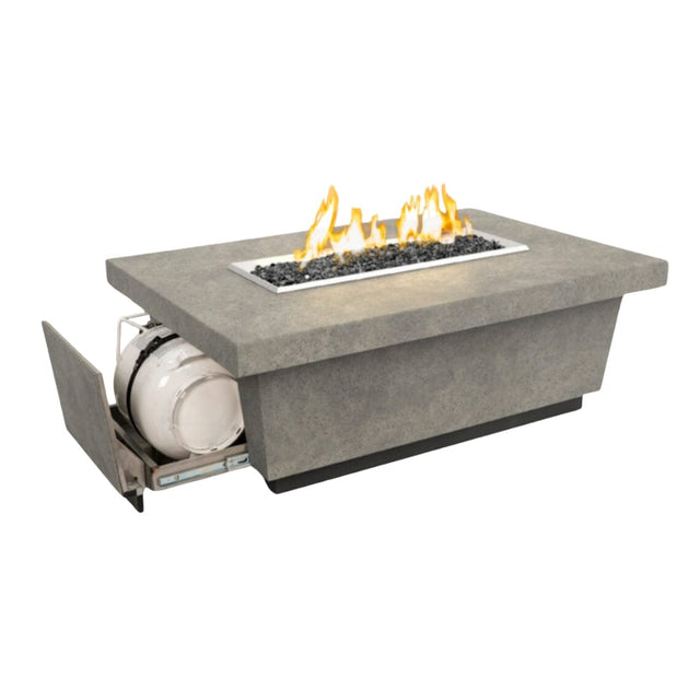 American Fyre Designs Contempo fireplace with propane drawer, modern design, glass front, and stone surround.