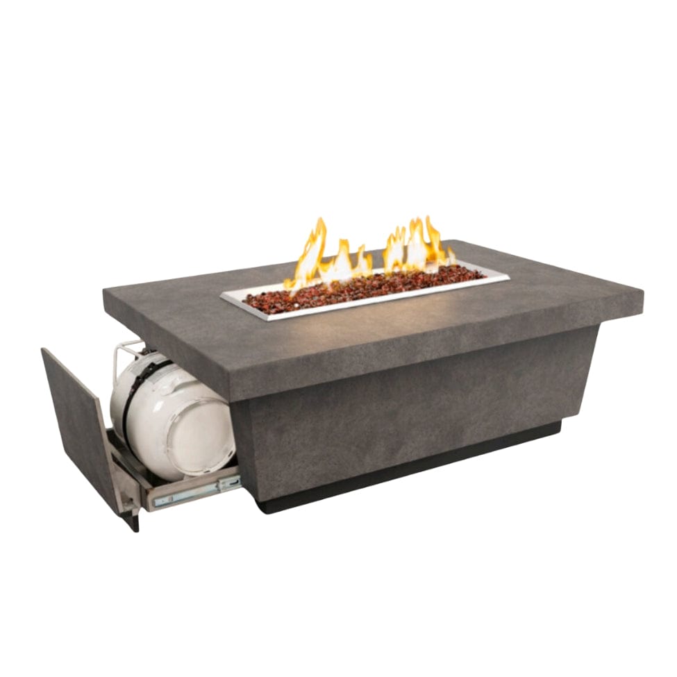 American Fyre Designs Contempo fireplace with propane drawer, modern design, glass front, and stainless trim.