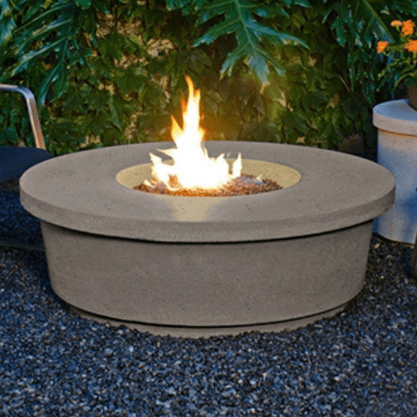American Fyre Designs Contempo Round Fire Table with glass top and metal frame