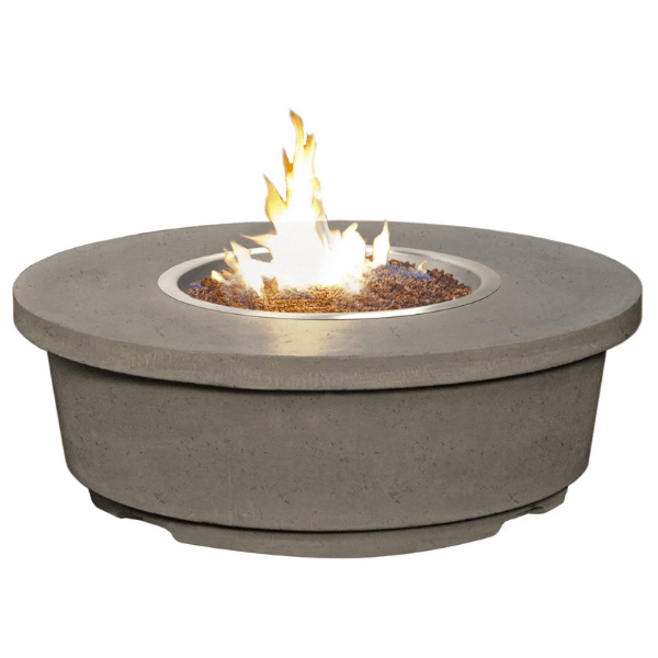 American Fyre Designs Contempo Round Fire Table with glass top and metal frame