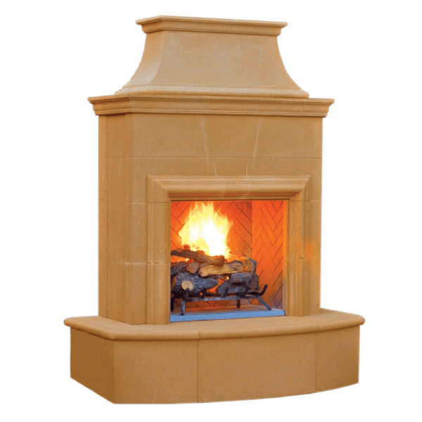 American Fyre Designs Cordova vented fireplace with stone front and glass doors