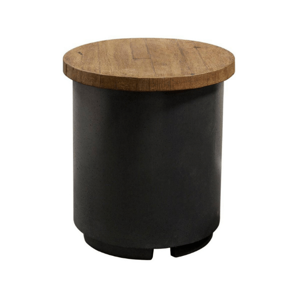 American Fyre Designs Cosmopolitan French Barrel Oak Square Fire Table with black metal frame and glass top.