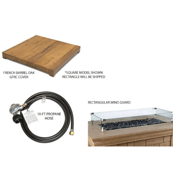 American Fyre Designs Cosmopolitan French Barrel Oak rectangle fire table with weathered finish and glass top.