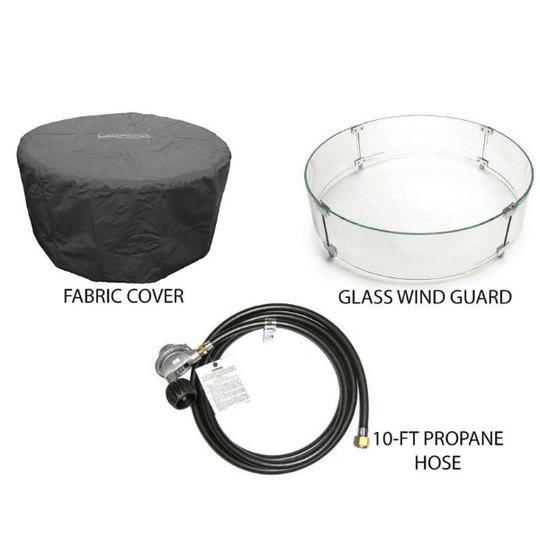 American Fyre Designs Cosmopolitan French Barrel Oak round fire table with black marble top and brass accents.