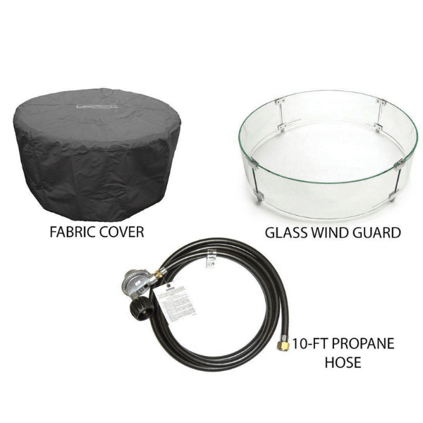 American Fyre Designs Cosmopolitan French Barrel Oak round fire table with black marble top and brass accents.