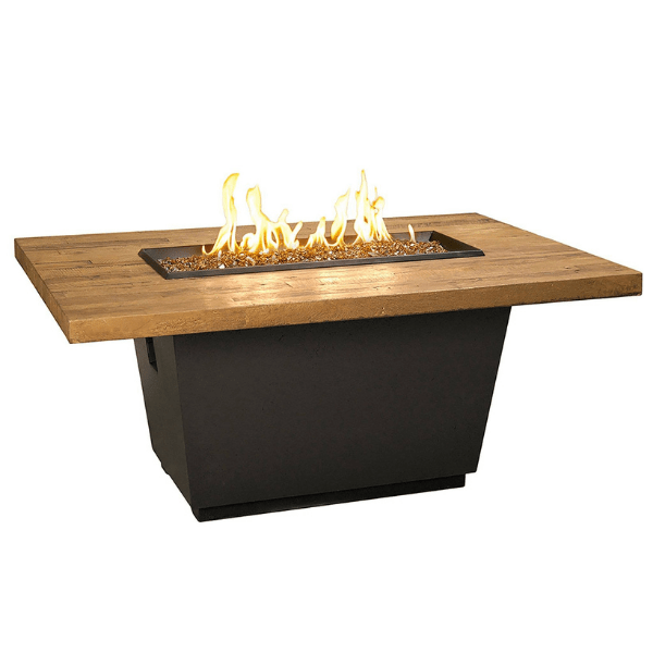 American Fyre Designs Cosmopolitan French Barrel Oak rectangle fire table with weathered finish and glass top.