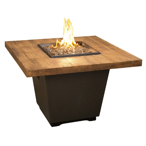 American Fyre Designs Cosmopolitan French Barrel Oak Square Fire Table with oak finish and glass top.
