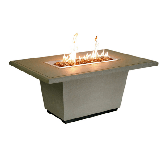American Fyre Designs Cosmopolitan rectangle fire table with glass top and metal frame.