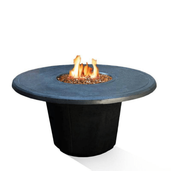 American Fyre Designs Cosmopolitan round fire table with glass top and metal frame.