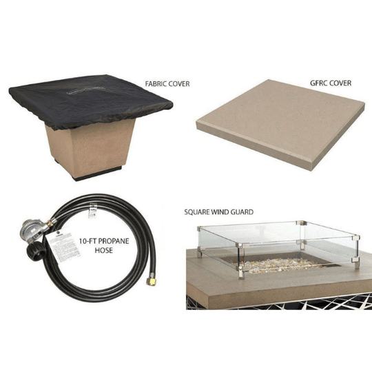 American Fyre Designs Cosmopolitan Square Fire Table with glass top and metal frame in dark gray finish.