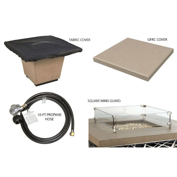 American Fyre Designs Cosmopolitan Square Fire Table with glass top and metal frame in dark gray finish.