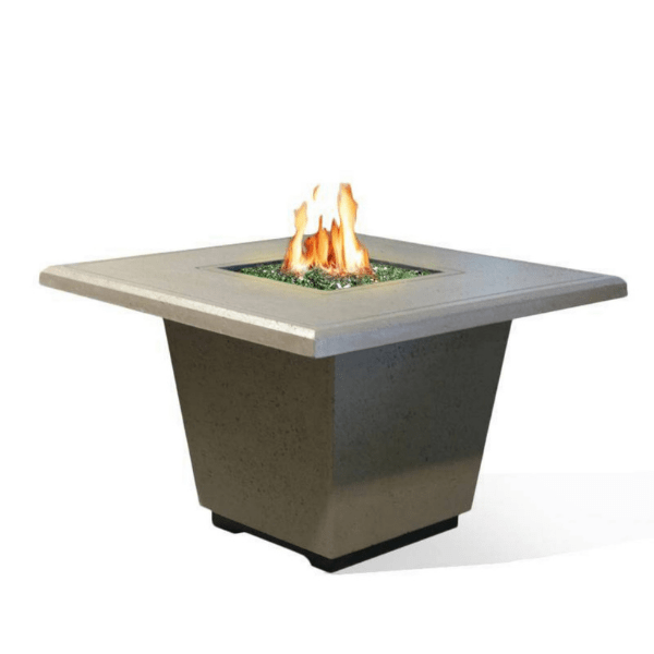 American Fyre Designs Cosmopolitan Square Fire Table with glass top and metal frame in modern design.