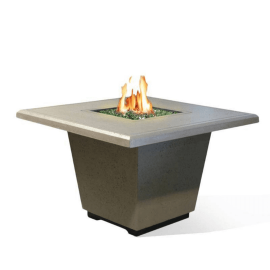 American Fyre Designs Cosmopolitan Square Fire Table with glass top and metal frame in modern design.