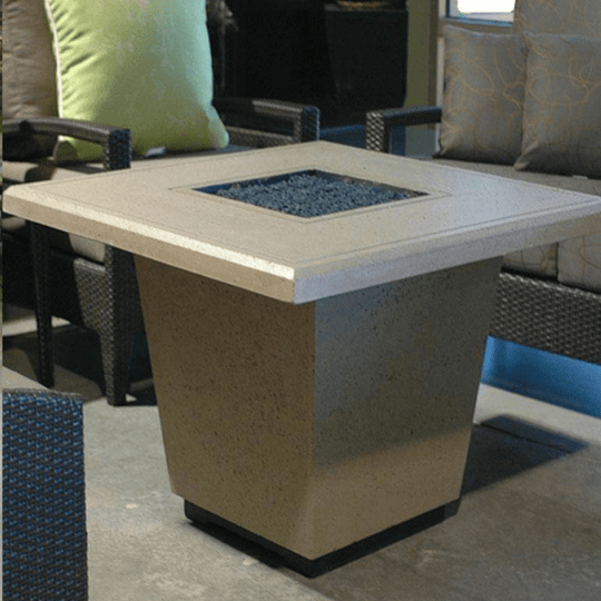 American Fyre Designs Cosmopolitan Square Fire Table with glass top and metal frame in modern design.