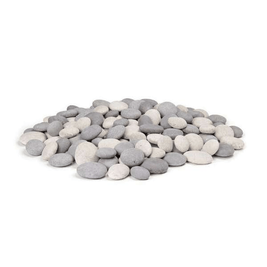 American Fyre Designs mixed Cloud and Greige Creekstone fire pit with glass top and stainless steel trim.