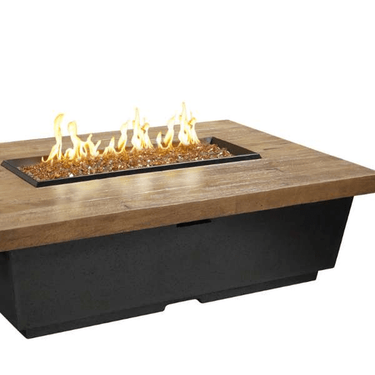 American Fyre Designs Reclaimed Wood Contempo Rectangle Fire Table with sleek edges and natural wood finish.