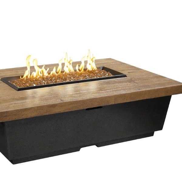American Fyre Designs Reclaimed Wood Contempo Rectangle Fire Table with sleek edges and natural wood finish.