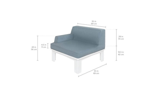 The Ledge Lounger Mainstay Sectional Right Armchair is light blue with white legs, measuring 35 inches in width and depth, and 29 inches in height. It features comfortable cushions with a seat height of 16.5 inches and armrests at 22 inches.