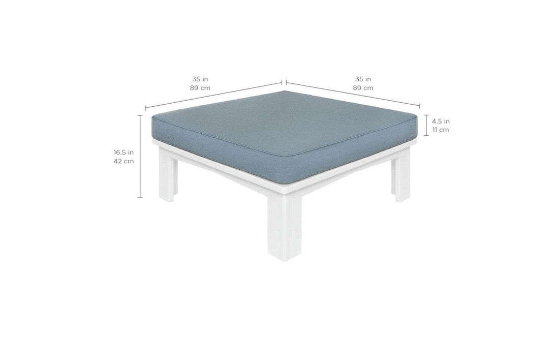 Explore the versatile Ledge Lounger Mainstay Sectional Ottoman. With a square blue fabric cushion, white base, and dimensions of 35 (W) x 35 (L) x 4.5 (Thick) x 16.5 (H), it offers endless configuration possibilities for your living area.