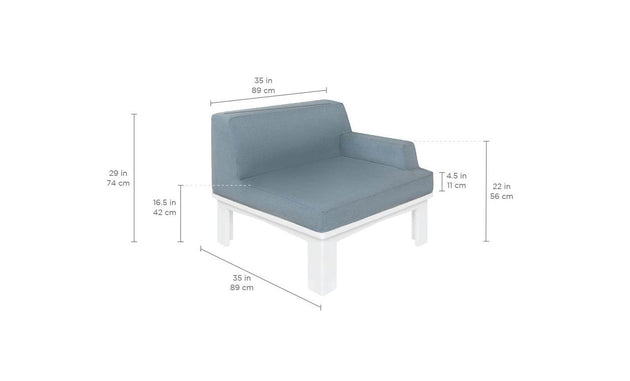 The Mainstay Sectional Left Armchair by Ledge Lounger features a blue cushion, measures 35x35x29 inches (89x89x74 cm), and has a white frame. The armrest is 16.5 inches (42 cm) high, extending 22x4.5 inches (56x11 cm), with a seat height of 11 inches (28 cm).