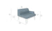 The Mainstay Sectional Left Armchair by Ledge Lounger features a blue cushion, measures 35x35x29 inches (89x89x74 cm), and has a white frame. The armrest is 16.5 inches (42 cm) high, extending 22x4.5 inches (56x11 cm), with a seat height of 11 inches (28 cm).