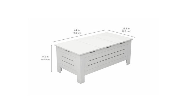 The Mainstay Storage Coffee Table by Ledge Lounger is a white rectangular bench with slatted sides, offering ample storage and measuring 44 L x 23.5 W x 17.5 H. This versatile piece is perfect for enhancing your outdoor living space.