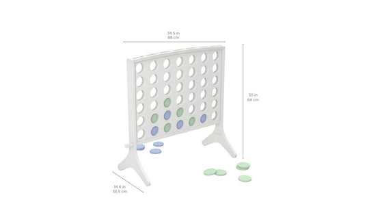 Enjoy outdoor fun with Ledge Loungers Four In A Row game, featuring large blue and green chips. The 34.5 x 33 x 14.4 grid is partly filled, while more chips lie around for your next strategic move.
