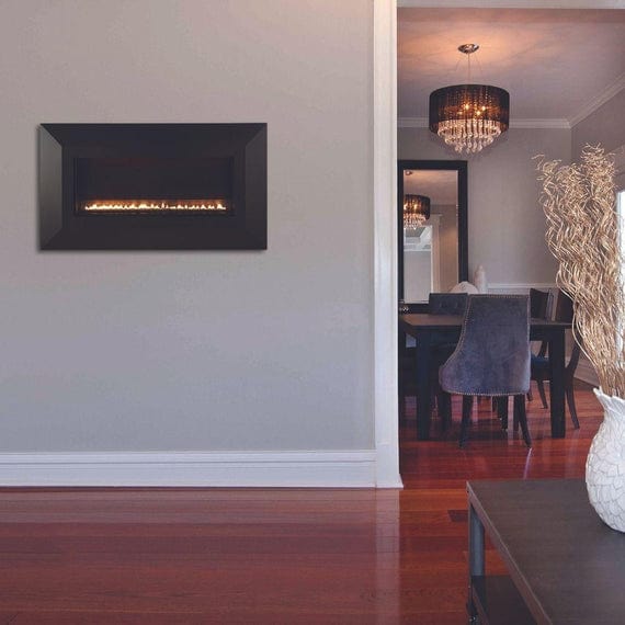 Empire Boulevard 30-inch slim line wall mounted ventless gas fireplace with modern design and clean lines.