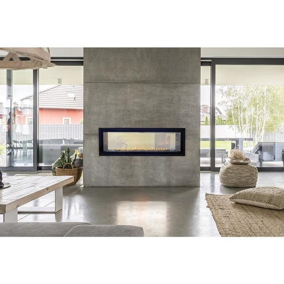 Empire Boulevard 48-inch linear vent-free see-through gas fireplace with modern glass front and sleek design.