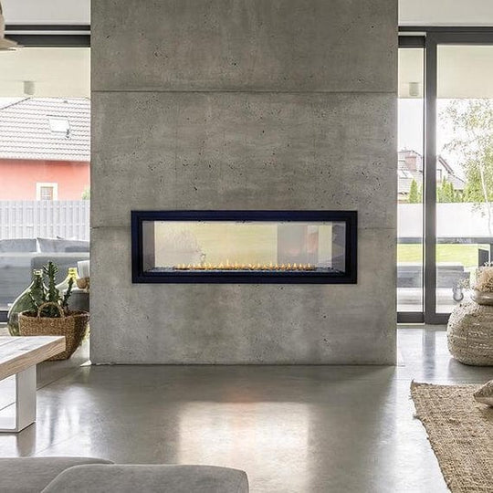 Empire Boulevard 48-inch linear vent-free see-through gas fireplace with modern glass front and sleek design.