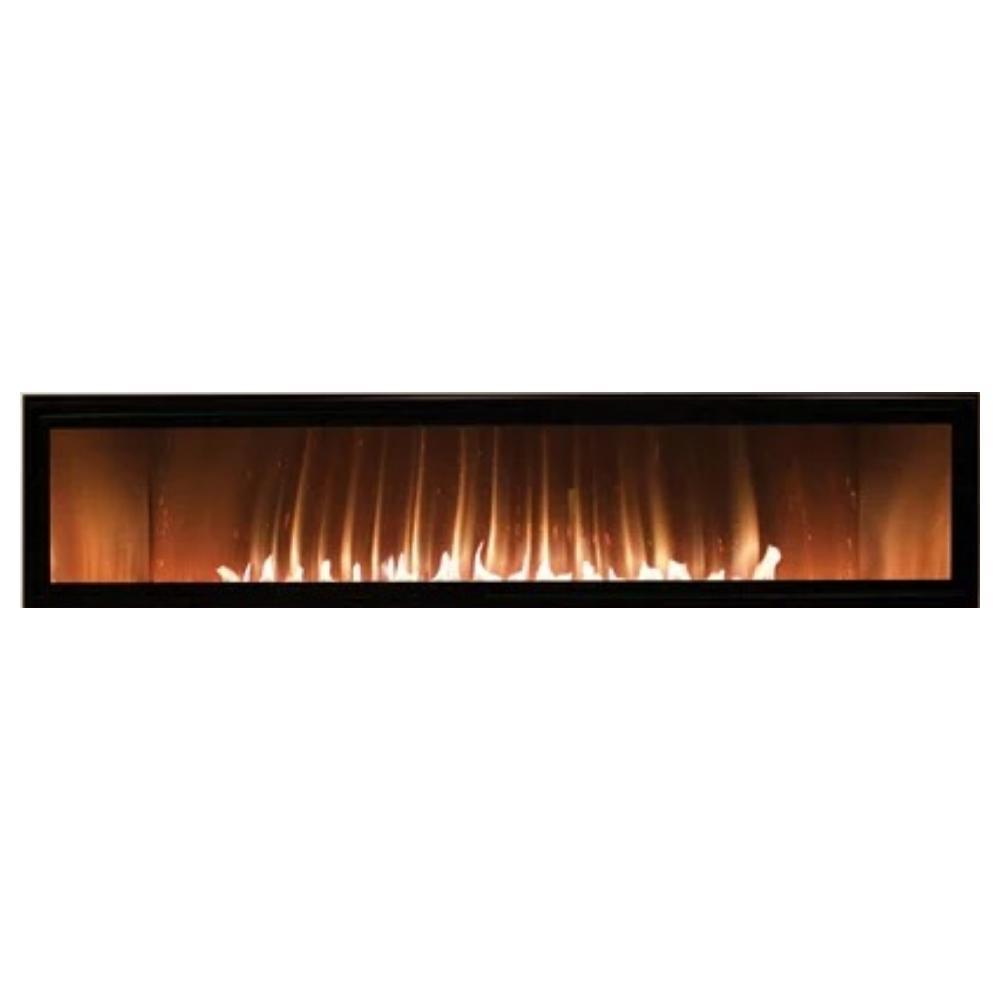 Empire Boulevard 60-inch linear vent-free gas fireplace with sleek black frame and glass front.