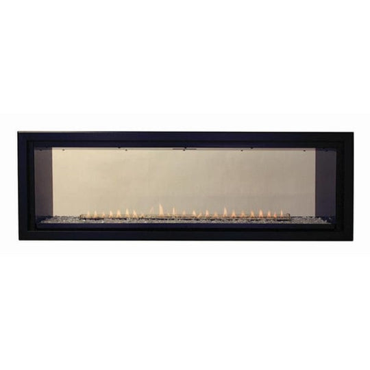 Empire Boulevard 60-inch linear vent-free see-through gas fireplace with modern glass front and sleek frame.