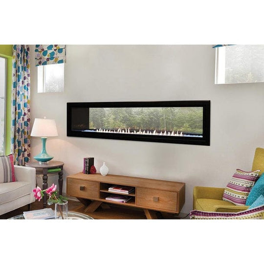 Empire Boulevard 60-inch linear vent-free see-through gas fireplace with modern glass front and sleek frame.