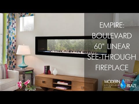 Empire Boulevard 60-inch linear vent-free see-through gas fireplace with modern glass front and sleek frame.