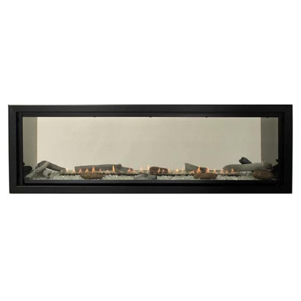 Empire Boulevard 60-inch linear vent-free see-through gas fireplace with modern black frame and glass panels