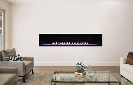 Empire Boulevard 72-inch linear vent-free gas fireplace with sleek black frame and glass front.
