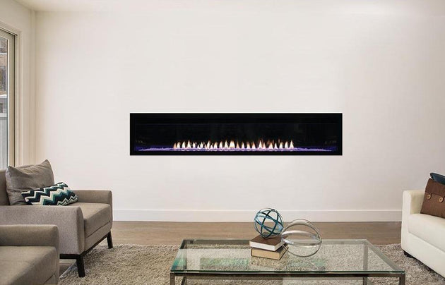 Empire Boulevard 72-inch linear vent-free gas fireplace with sleek black frame and glass front.