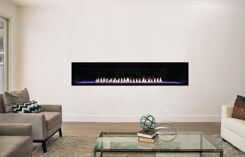 Empire Boulevard 72-inch linear vent-free gas fireplace with sleek black frame and glass front.