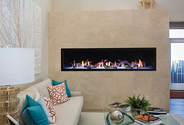 Empire Boulevard 72-inch linear vent-free gas fireplace with sleek black frame and glass front.