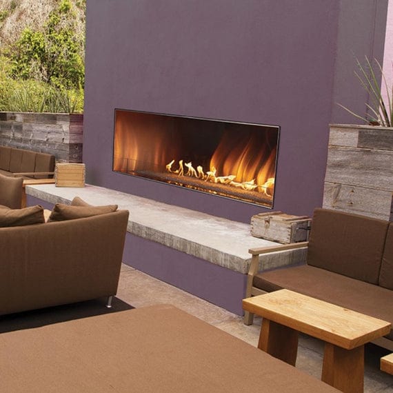 Empire Carol Rose vent-free outdoor linear gas fireplace in a modern design with glass front and sides.