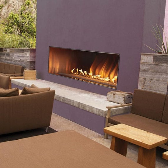 Empire Carol Rose vent-free outdoor linear gas fireplace in a modern design with glass front and sides.