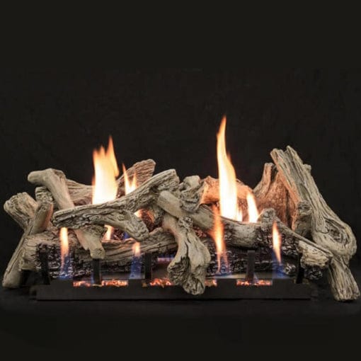 Empire Driftwood Burncrete® slope glaze vent-free gas log burner with realistic wood texture and flame tips