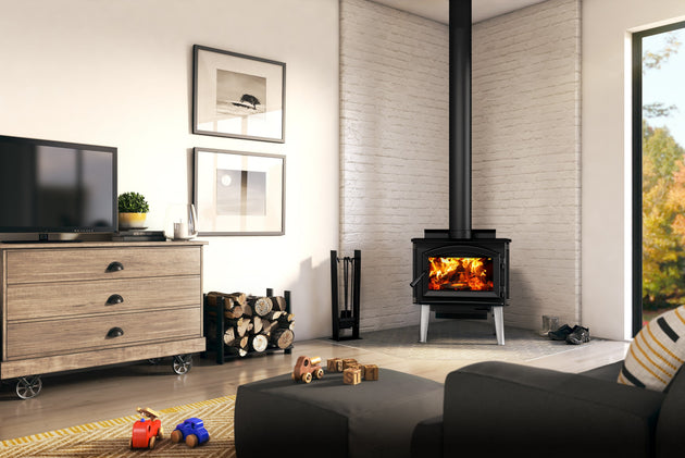 Enerzone Solution 1.7 wood stove with modern design and glass door