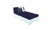 The Affinity 2 Piece Sun Chair by Ledge Lounger features a white base crafted from UV20 resin for outdoor durability, comes with two navy cushions, and a navy seat with decorative white and black pillows set against a plain white background.