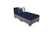 A gray platform bed with a dark blue mattress and two pillows, white and dark blue, is elegantly arranged. Its minimalist design mirrors the sophistication of upscale outdoor furniture, offering an invitation akin to a Ledge Lounger Affinity 2 Piece Sun Chair basking in sunlight.